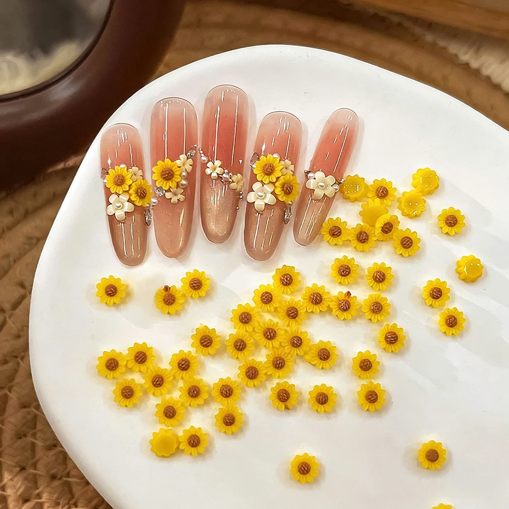 50pcs Sunflower Nail Art Rhinestones 3D Resin Simulated Daisy Flower Nail Charms 4x4mm Yellow Sunflower DIY Crafts Nail Decorati