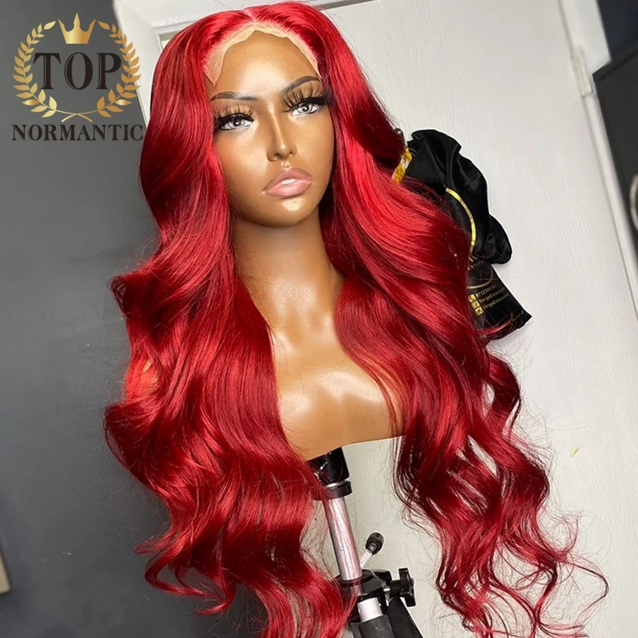 Topnormantic-peluca ondulada de Color rojo para mujer, postizo de encaje frontal 13x6, pelo humano indio Remy con pelo de bebé