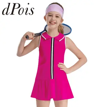 Kids Tennis Dress for Girls Turn-Down Collar Sleeveless Pleated Dresses with Shorts for Sports Badminton Cheerleading Golf Dress