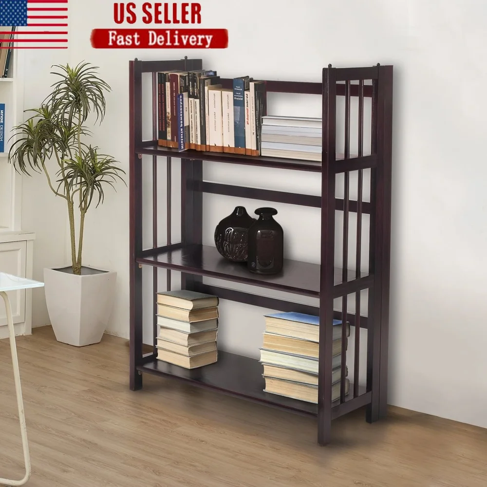 

3 Tier Folding Bookcase Stackable Adjustable Shelves Solid Wood Bookshelf Portable Storage Furniture Easy Transport Home