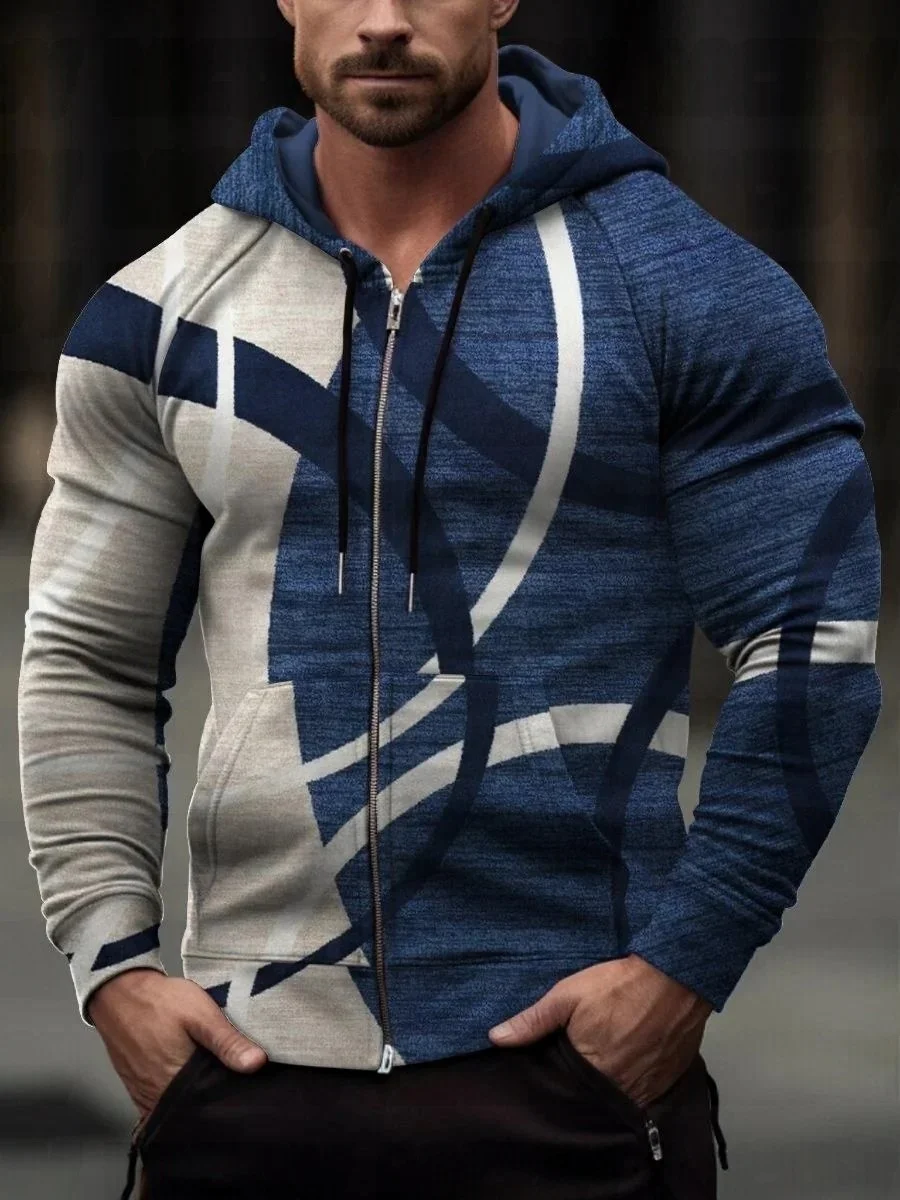 Men's Blue And White Modern Abstract Geometric Print Leaf Zip-Up Hoodie Sweatshirt Roupas Masculinas