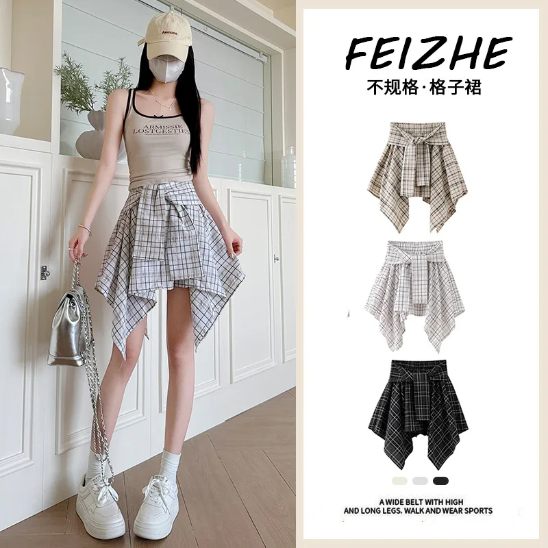 

Irregular Shirt and Skirt Set for Women Summer New High Waist SlimmingaShort skirt with a sense of design, Korean-style plaid sk