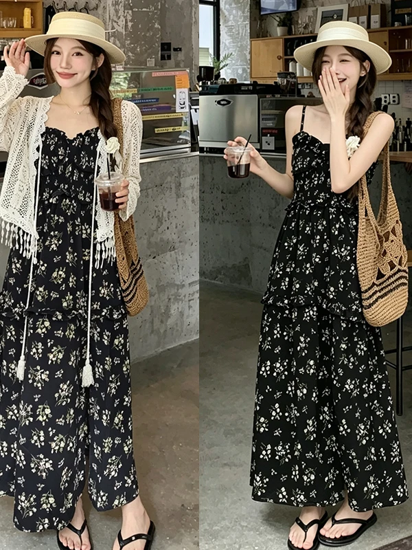 

Sexy Pure Desire Black Dress Women's plus Size Beautiful Floral Halter Dress Summer New Style Holiday Wind Elegant Skirt