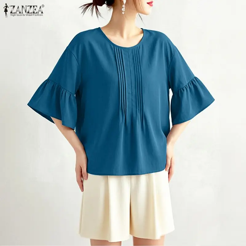 

2026 ZANZEA Summer Blouse Stylish Women O Neck Short Sleeve Tops Solid Color Pleated Blusas Female Casual Loose Work Shirt Mujer