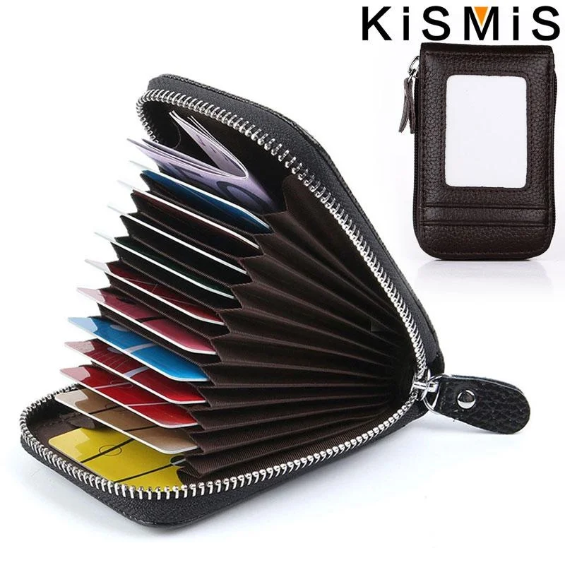 KISMIS RFID Vertical Zipper Organ Card Case for Men and Women Multifunctional Leather Coin Purse Card Leather Credit Card Case