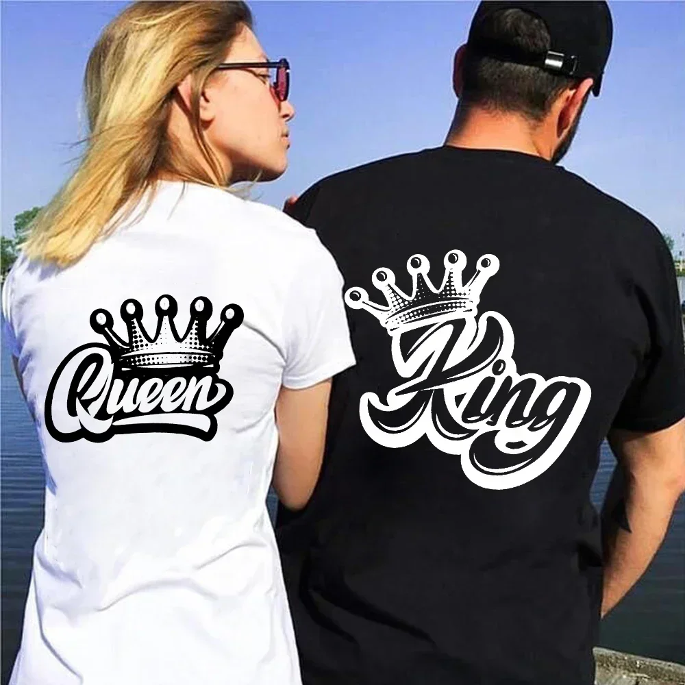 King Queen Crown Print Lover Couples Tee Shirt Harajuku Women T-shirt Crown Couple Matching Tshirt Clothes Summer Women Man Tops