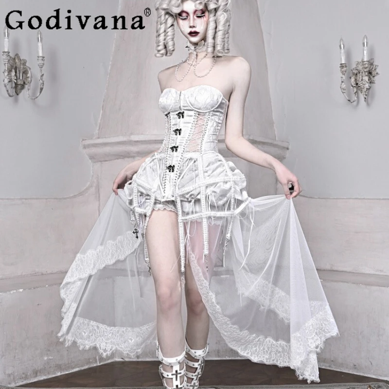 

Halloween Gothic Cos 3 Piece Sets Fishbone Top Shorts Mesh Pendulum Girl's Suits Women Sweet Cool Elegant Party Outfits