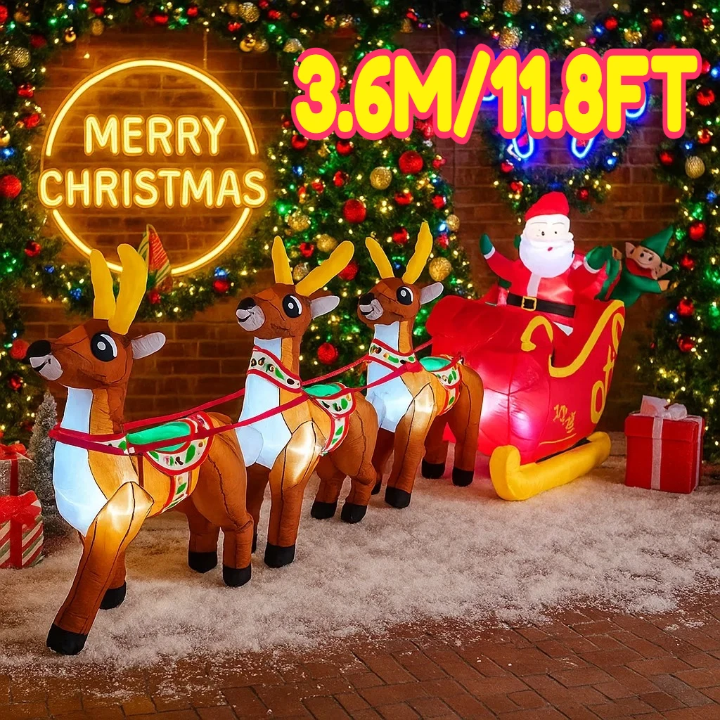3.6M/11.8FT Inflatable Reindeer Santa Sleigh JOY Lights LED Home Yard Xmas Supplies Outdoor Party Prop Holiday Lighting Decor