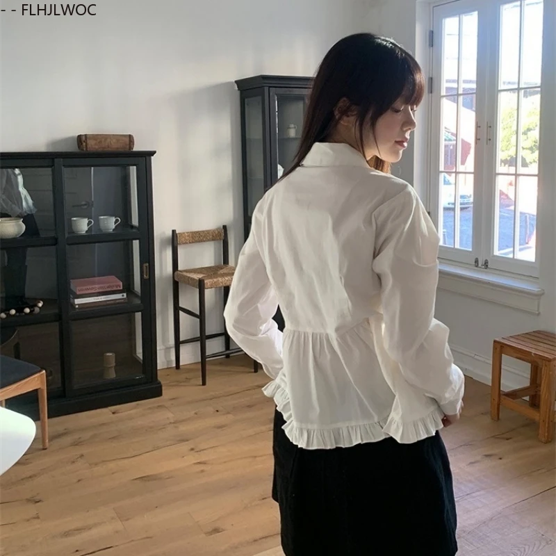 Katoen Chic Korea Leuke Peter Pan Kraag Tops Blusas Vrouwen Japan Meisjes Stijl Vintage Preppy Stijl Ruches Peplum Witte Shirts