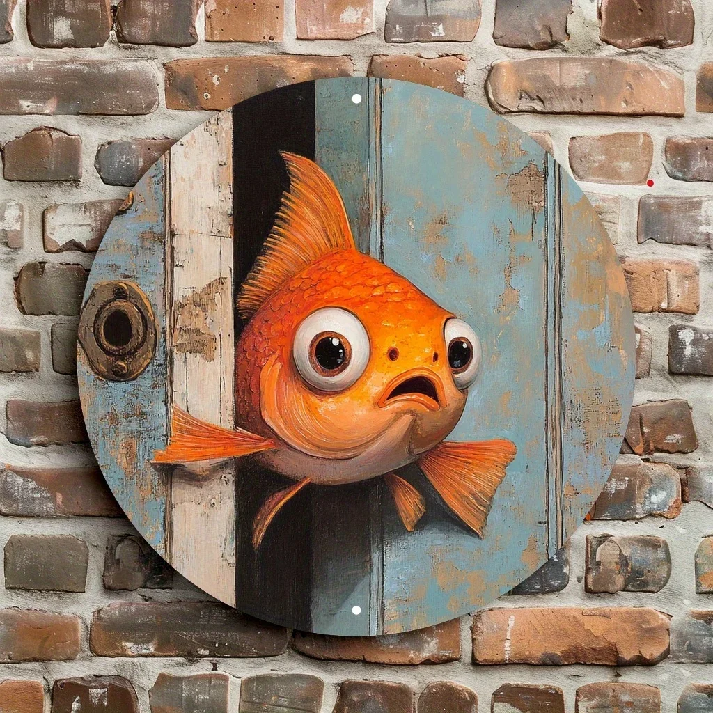 2D Flat Style, 1pc of Big-Eyed Goldfish Metal Wall Decor - 7.87X7.87 inch Three-Dimensional Hollow Fish-Shaped Sign, with Pre-Dr