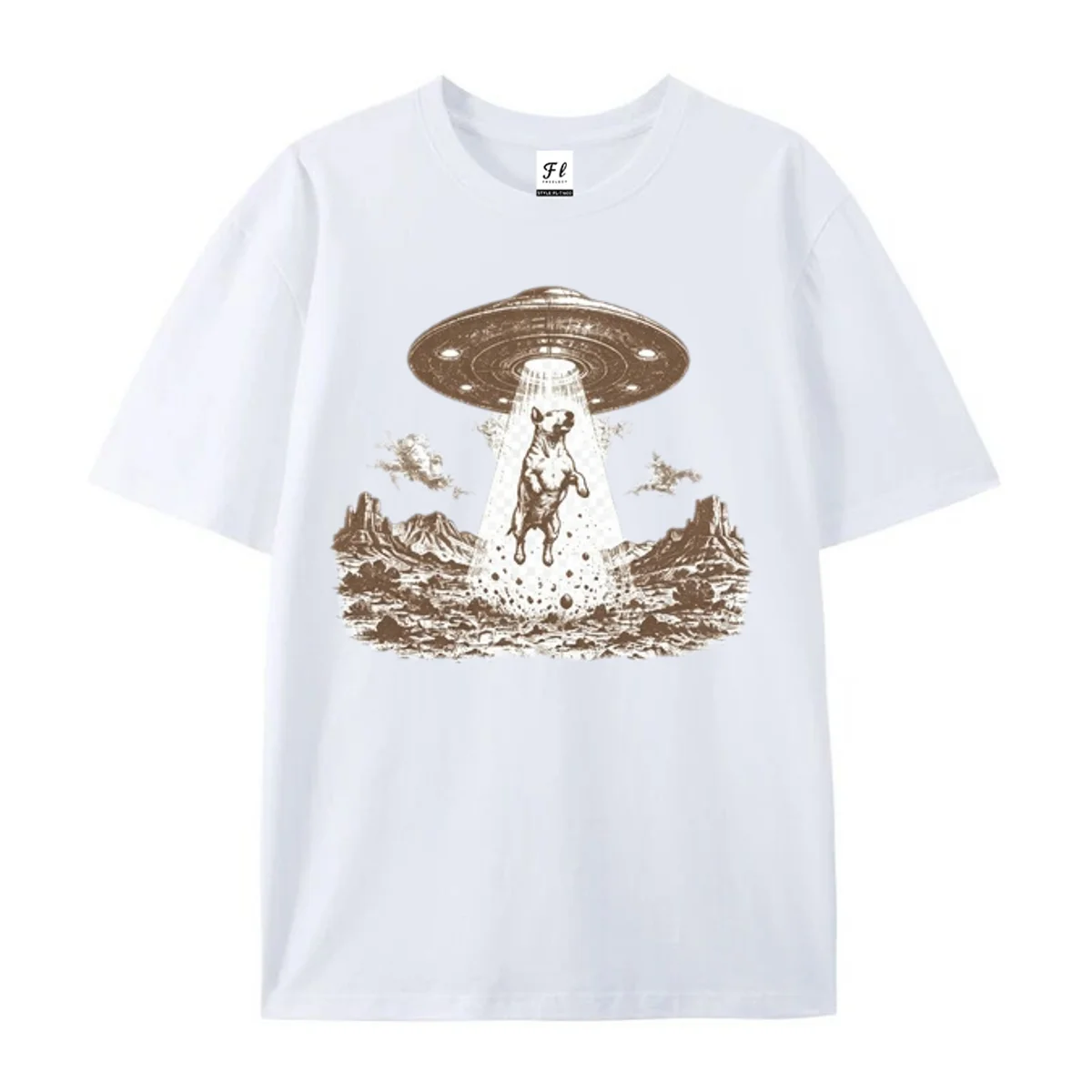 UFO Cow Abduction Graphic T‑Shirt Retro Vintage Etching Print Alien Flying Saucer Western Desert Funny Sci‑Fi Casual Unisex Tees