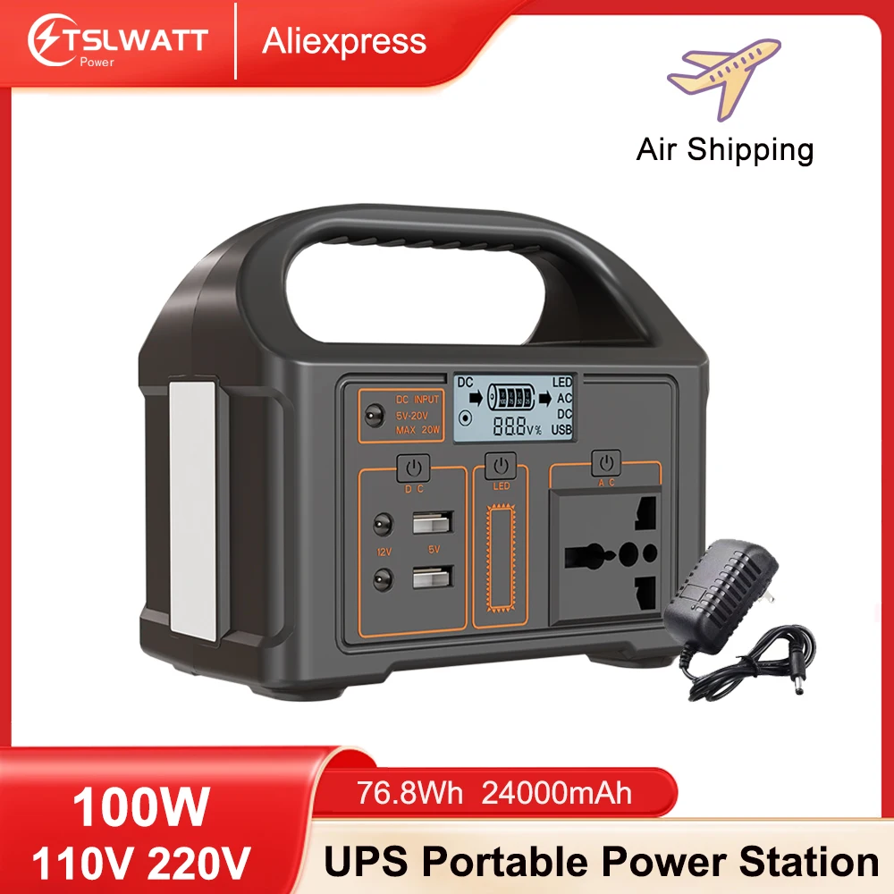 100W 220V/110V Portable Power Station Solar Generator 24000mAh LiFePO4 Camping Charging Station Outdoor Mobile Power Bank LED