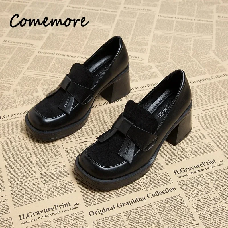 Comemore-mocasines gruesos de cuero marrón para mujer, zapatos de tacón alto con plataforma de lujo, estilo británico