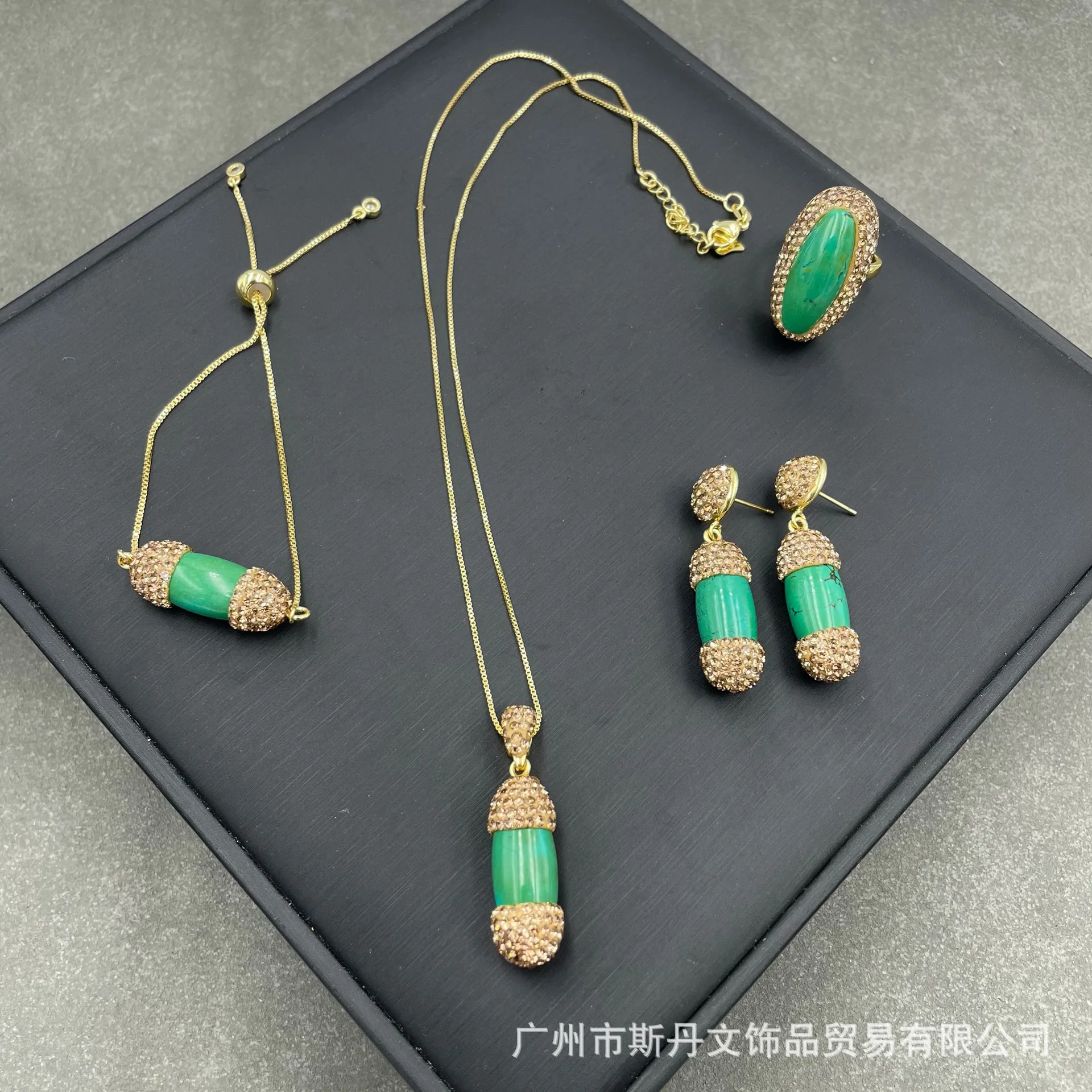 

Green pine agate jadeite ore ethnic style personalized dzi beads handmade crystal necklace earrings ring bracelet