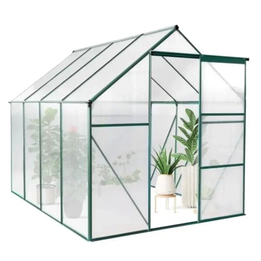 Outdoor walk-in greenhouse with large feet, green frame, durable aluminum alloy, weather-resistant green finish, easy assembly