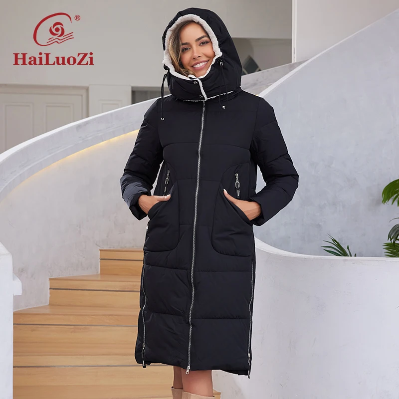 HaiLuoZi New Women\'s Winter Jacket Warm Hood With Fur Long Stylish Big Pockets High-quality Zipper Quilting Women Coat 3061