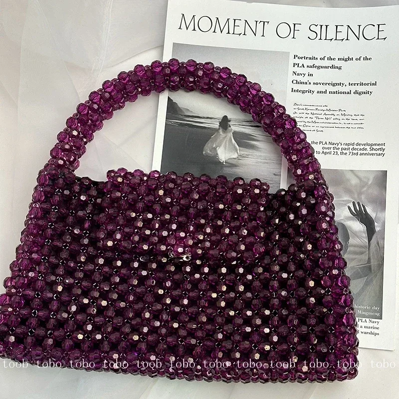 Designer Handmade Big Party Bag Transparent Crystal Stone Beaded Handle Purses Purplish Redluxury Handbags with Inner