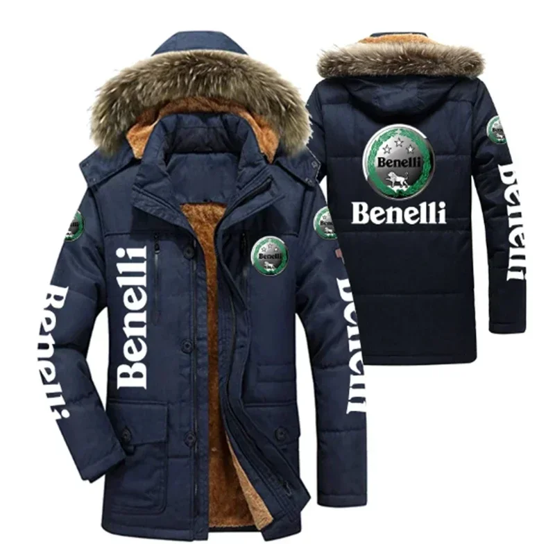 Benelli Logo Men\'s Winter Cotton Jackets Hooded Parkas Lamb Fur Lining Plush Men Cold Thickening Fashion Motorcycle Jacket