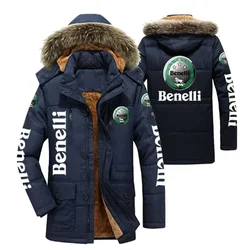 Benelli Logo Men's Winter Cotton Jackets Hooded Parkas Lamb Fur Lining Plush Men Cold Thickening Fashion Motorcycle Jacket