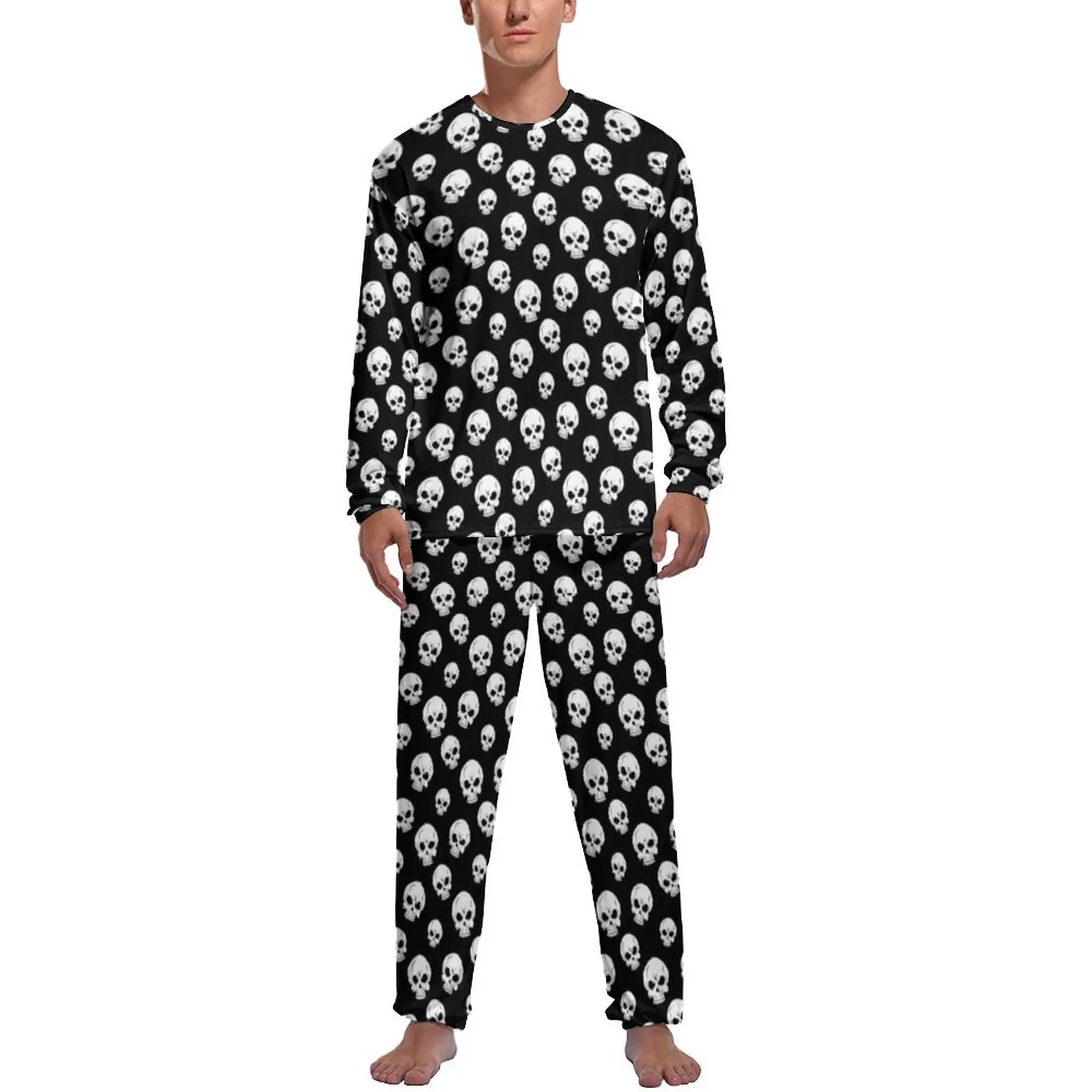 

White Skull Print Pajamas Autumn 2 Pieces Sugar Skulls Pattern Trendy Pajama Sets Men Long-Sleeve Home Graphic Home Suit