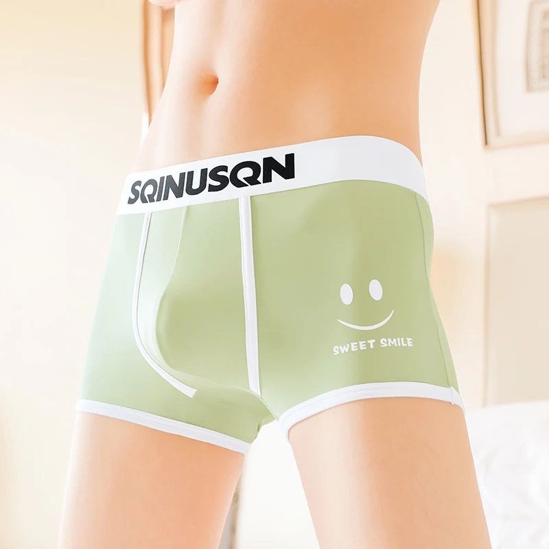 Мужские трусы-боксеры — нижнее белье с принтом Sweet Smile, 89% полиэстер, 11% спандекс, светло-зеленый с белой отделкой, мягкая эластичность