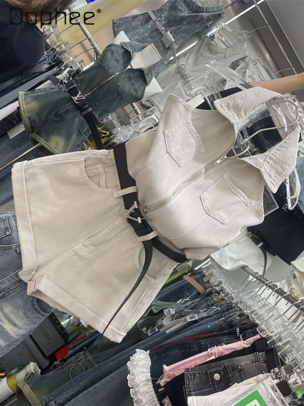 Chic Trend Vielseitig Babes Revers Zipper Denim Overall Mode Hot Girl Sexy Ärmellose Hohe Taille Breite Bein Shorts Frauen Sommer