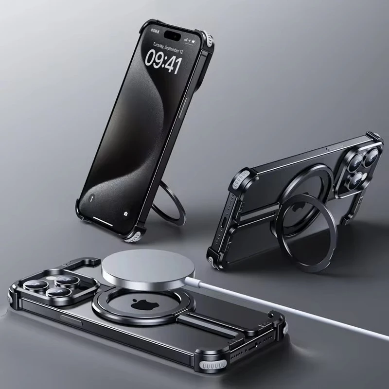 Aluminum Alloy Magnetic Frame Phone Case For iPhone 15 14 13 12 Pro Max Plus Metal Ring Holder Hard Corner Protect Funda Cover