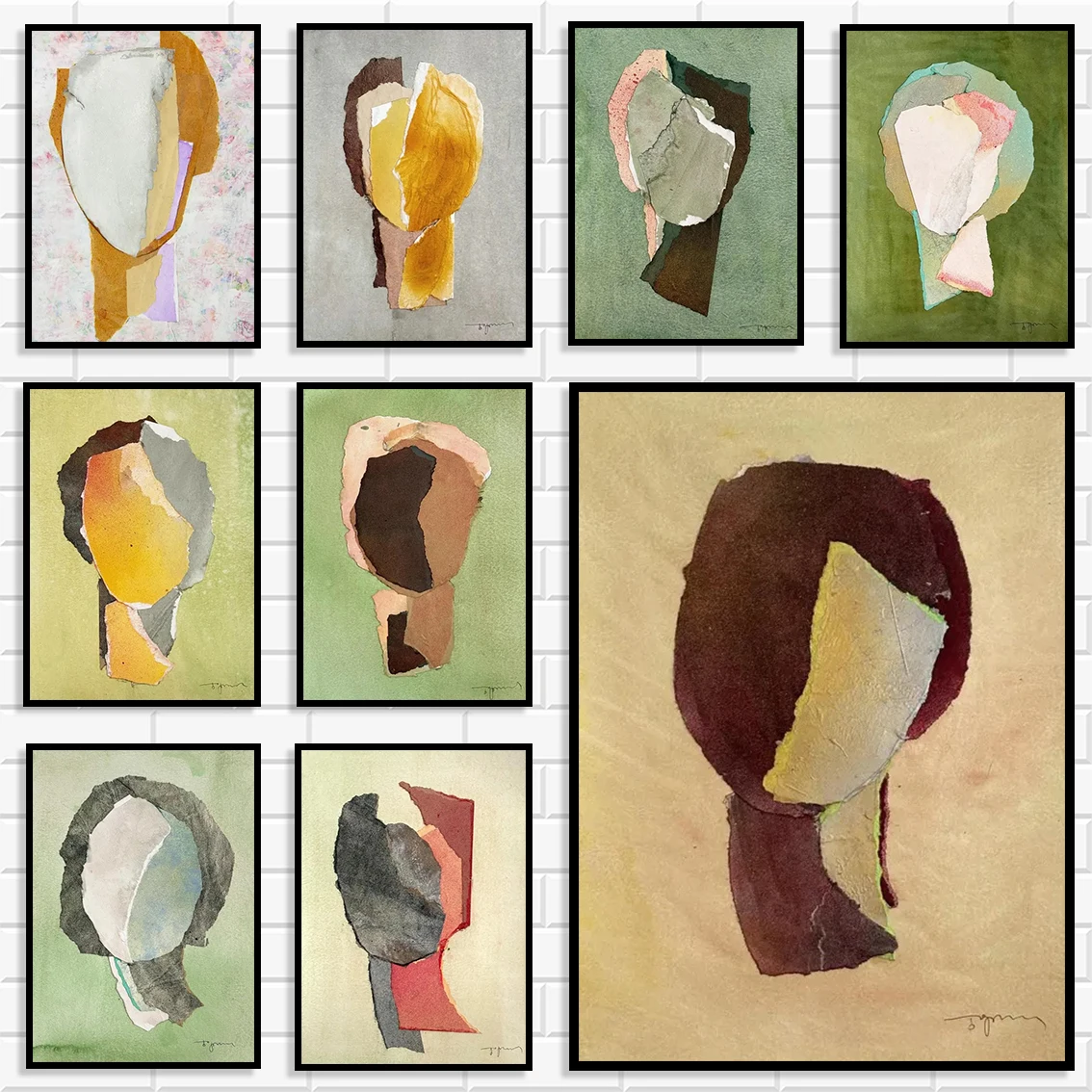 Aesthetic Wabi Sabi Wall Art Set Pastel Color Torn Paper Abstract Head Watercolor Art PrintsUnique for Art Enthusiasts Gift
