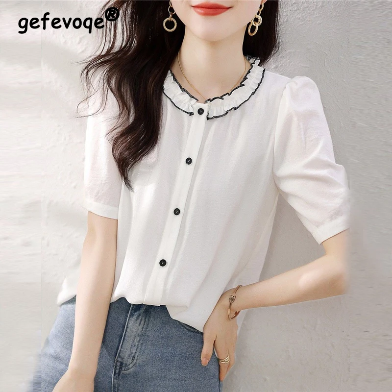 Womens Ruffle White Elegant Chic Button Up Shirt Summer Korean Fashion Short Sleeve Commute Blouse Sweet Loose Tops Blusas Mujer