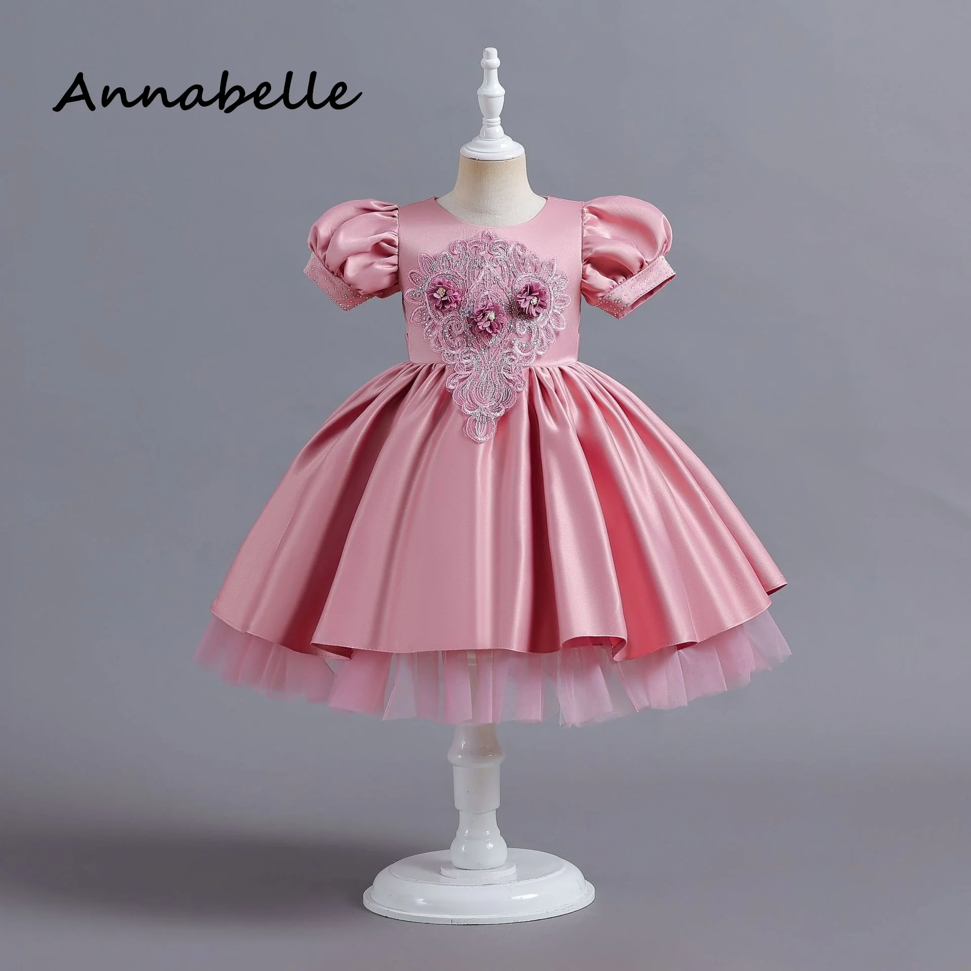 Annabelle-vestido de princesa de flores para niña, ropa de ceremonia, cumpleaños, manga corta, cuello redondo, boda, fiesta, dama de honor, lazo