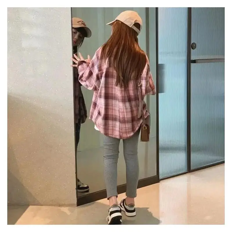 Girls Plaid Shirt Jacket Spring Autumn  New Loose Casual Blouse Top Oversized Trendy Outerwear School Daily Cute Fashion Coat
