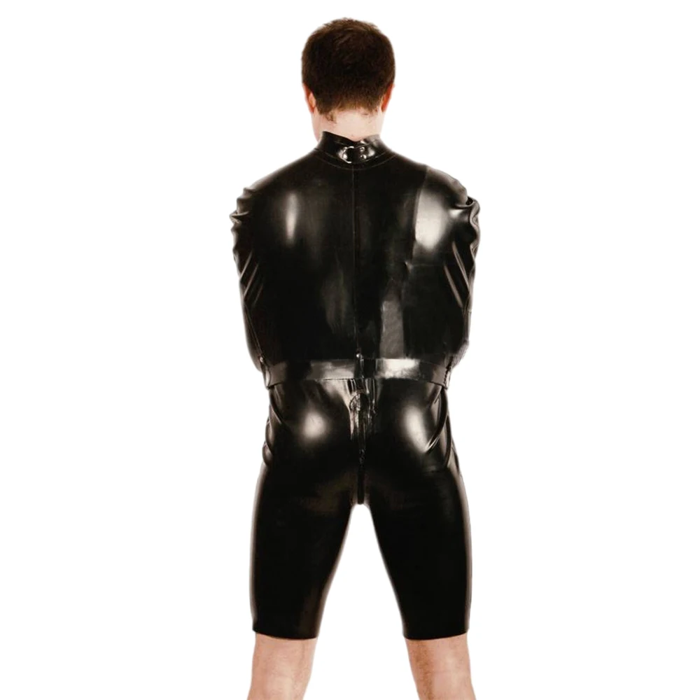 بدلة Catsuit من الجلد PVC ذات مظهر رطب للرجال، زي سيسي الغريب، بدلة عبودية برقبة وهمية، مفتوحة بين الرجلين مع حزام، بذلة #2