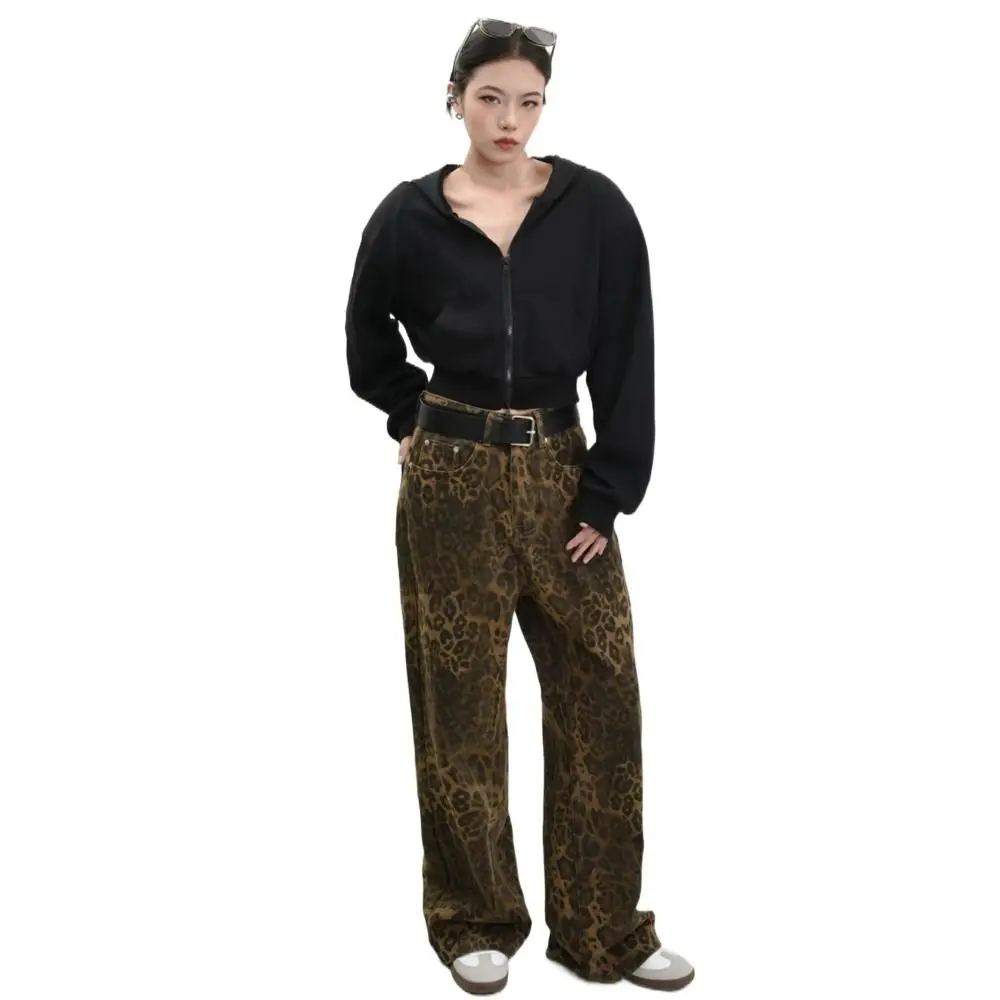 Jeans semplici a vita alta da donna Y2K pantaloni leopardati hip-hop larghi streetwear pantaloni da cowboy larghi da festa