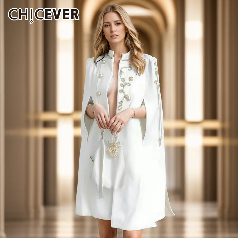 CHICEVER Elegant Cape Designer Long Coat Women Stand Collar Spliced Diamond Temperament Solid Jackets Female Autumn Clothes New