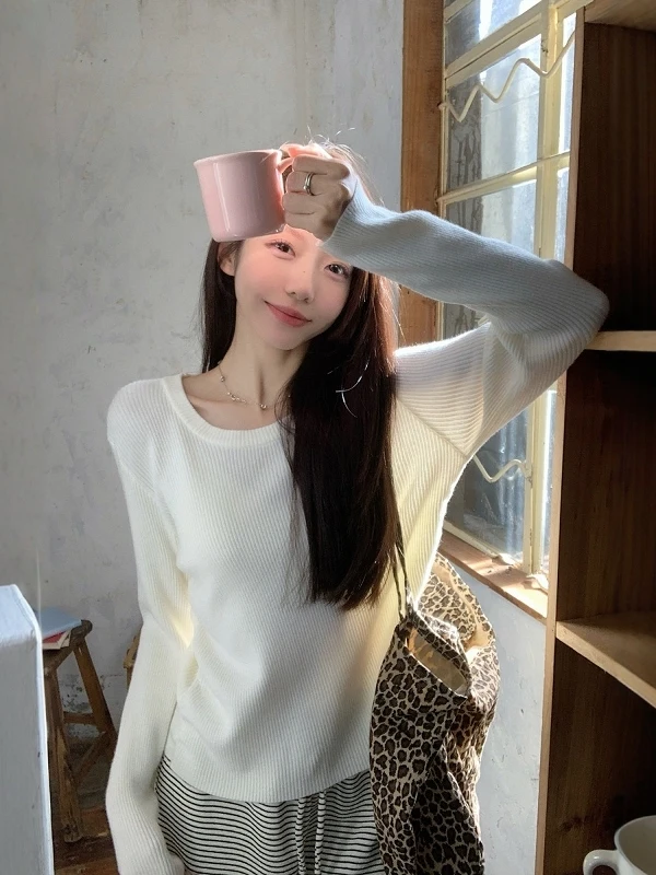 

Мягкий уютный женский вязаный свитер с длинным рукавом и круглым вырезом, осенне-зимний, для отдыха, базовый слой, внутренняя одежда