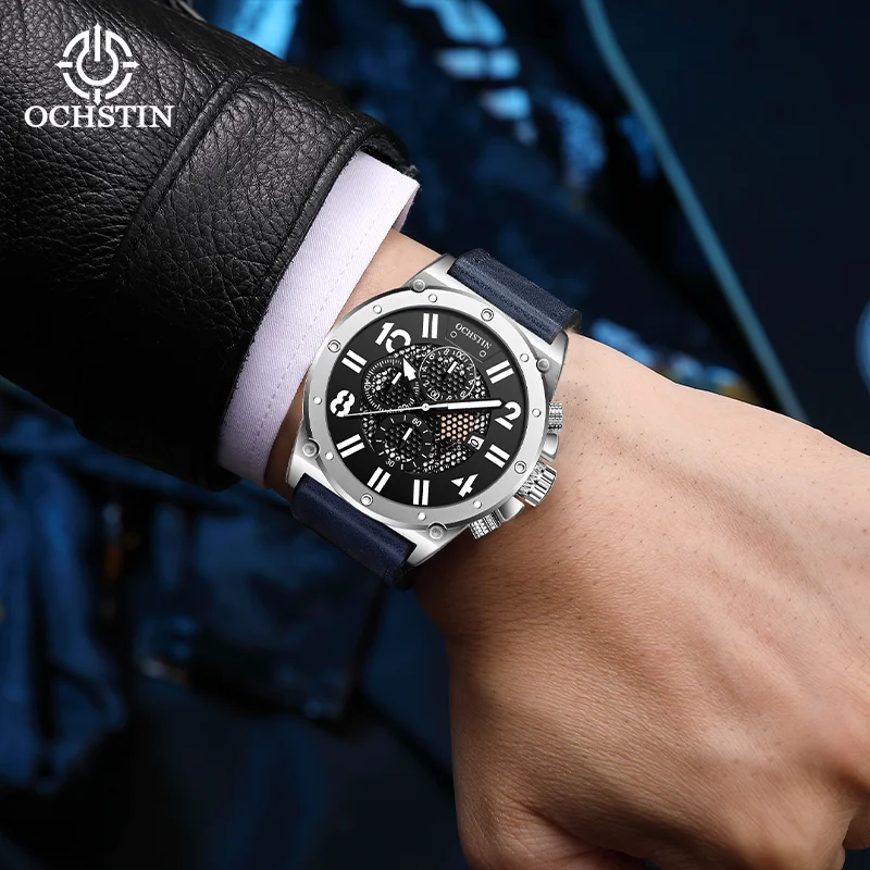 OCHSTIN Man Quartz Multifunctional Movement Watches Leather Strap Wristwatch  Men's Chronograph Luminous Hand Waterproof Clock