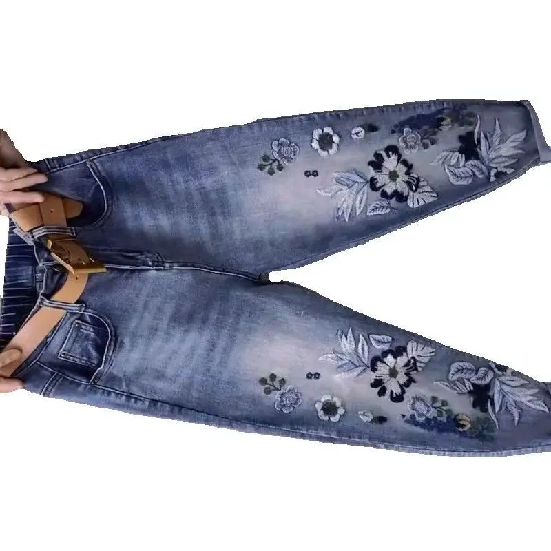 

Эластичная талия, новые весенне-осенние джинсы с высокой талией, женские свободные и тонкие брюки Харлан, универсальные женские брюки, синие джинсы