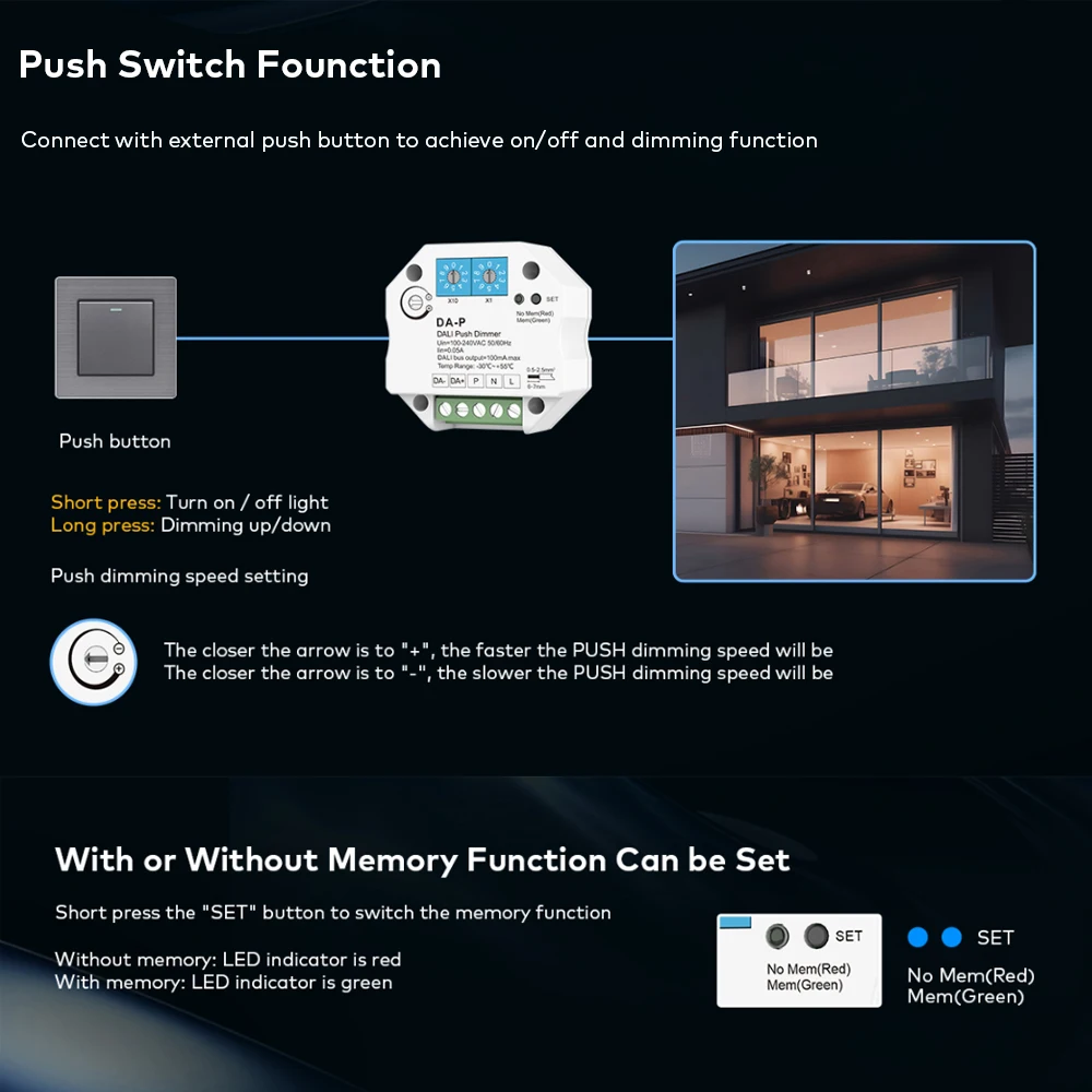 DALI Push LED Dimmer DA-P AC 110V 220V 230V with Push Dimming for DALI LED Driver Ballasts Memory Funtion DALI Bus Power Supply