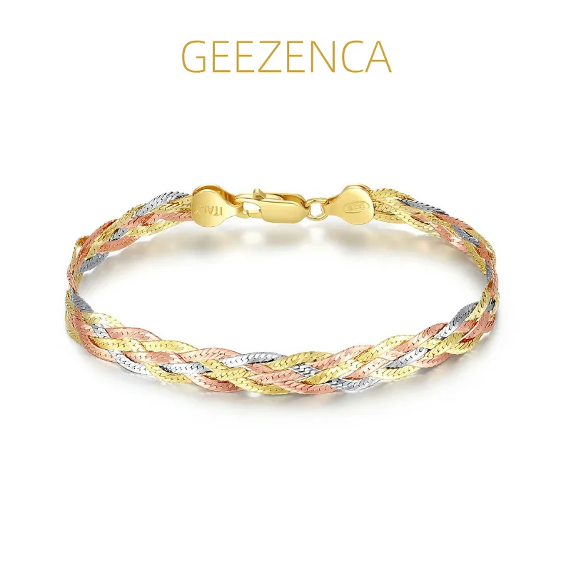 GEEZENCA Italian Jewelry 925 Silver Tricolor Five Threads Woven Bracelets Shinny Luxury Chic Flat Bracelet Women 2024 New Gift