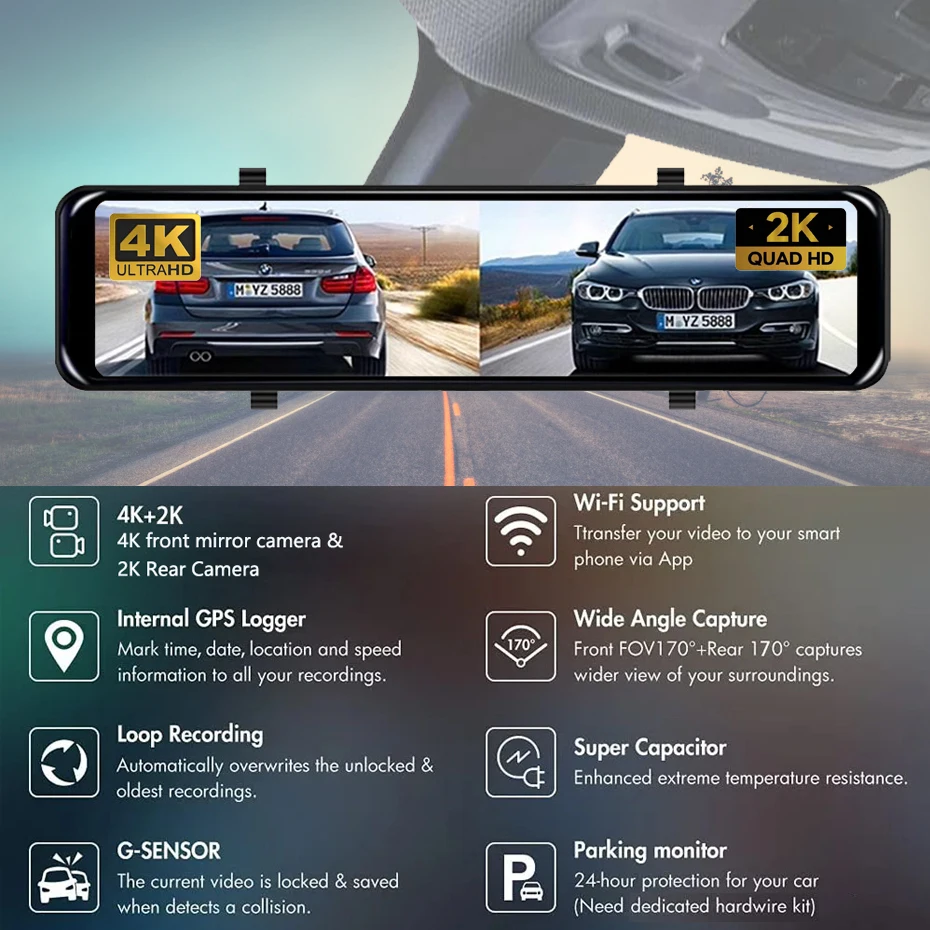 UHD 4K سيارة مرآة الرؤية الخلفية DashCam WIFI DVR GPS تتبع فيديو داش مسجل السيارات للرؤية الليلية الخلفية 1440P 24H رصد