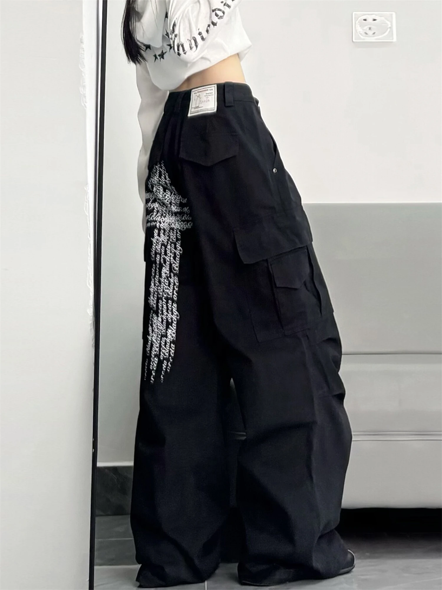 Y2K Women's Black Wide Leg Cargo Pants 2025 New Fashion Letter Print Multiple Pockets High Waist Casual Streetwear Trousers