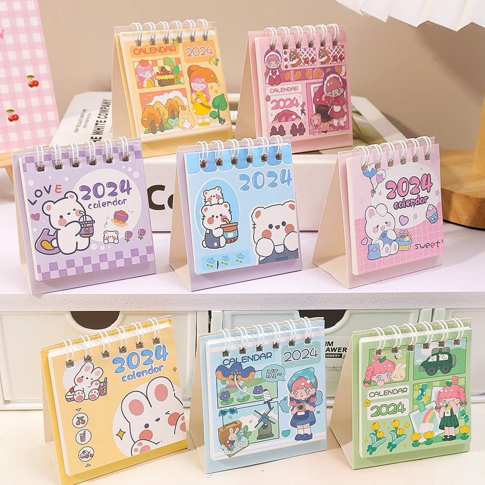 2024 Cartoon Mini Desktop Calendar Cute Astronauts Bears Rabbits Desktop Note Multi Style Coil Calendar Office School Supplies