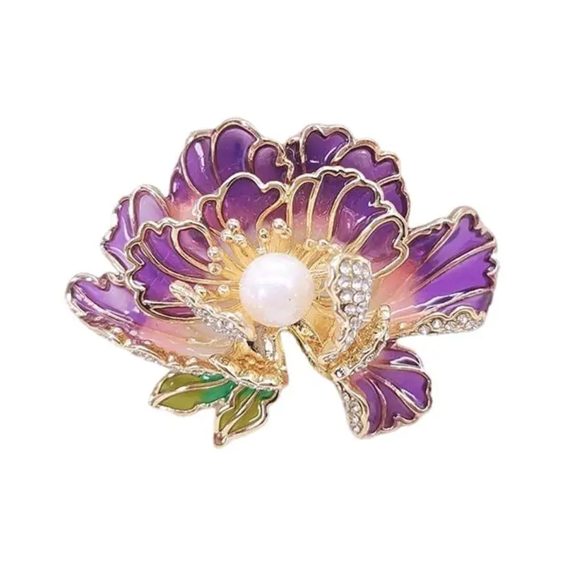 A52E Elegant Peony Flower Brooch Pin for Women with Enamel and Pearls Embellishments Jewelry Accessory for Banquet or Party