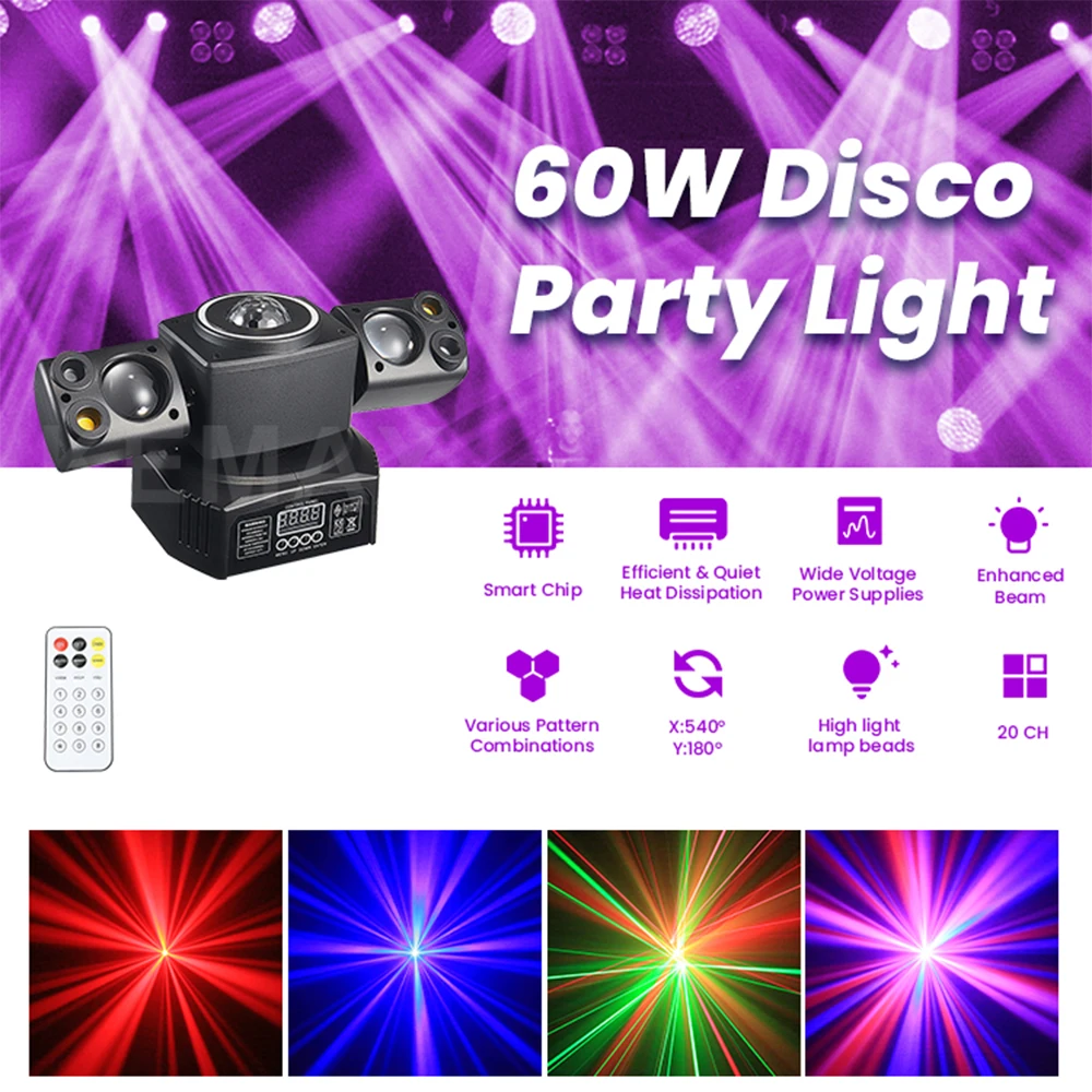 60W Disco Party Light 2-Arm DJ Mobile Head Remote Control RGBW Stage Effect DMX512 Mini Beam Moving Head For Events Club Xmas