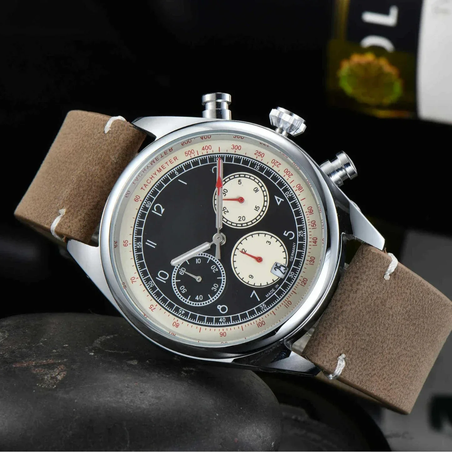 Stylish Men's Luxury 6-Needle Chrono Quartz Watch, Genuine Leather Band Water-Resistant Multifunctional Casual Dress Wristwatch