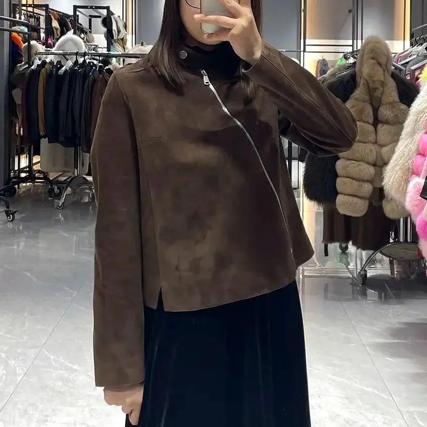 JANEFUR Women's Spring Chic Brown Short Genuine Leather Jacket Autumn Real Leather Sheepskin Overcoat JFB6-25003