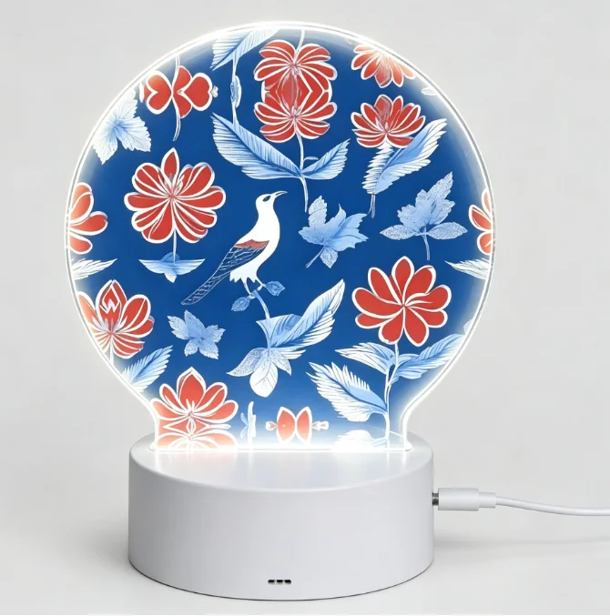 Retro Flower Bird Print Acrylic Nightlight Round Panel USB Powered Touch Control Desk Ambient Lamp Home Decor Gift