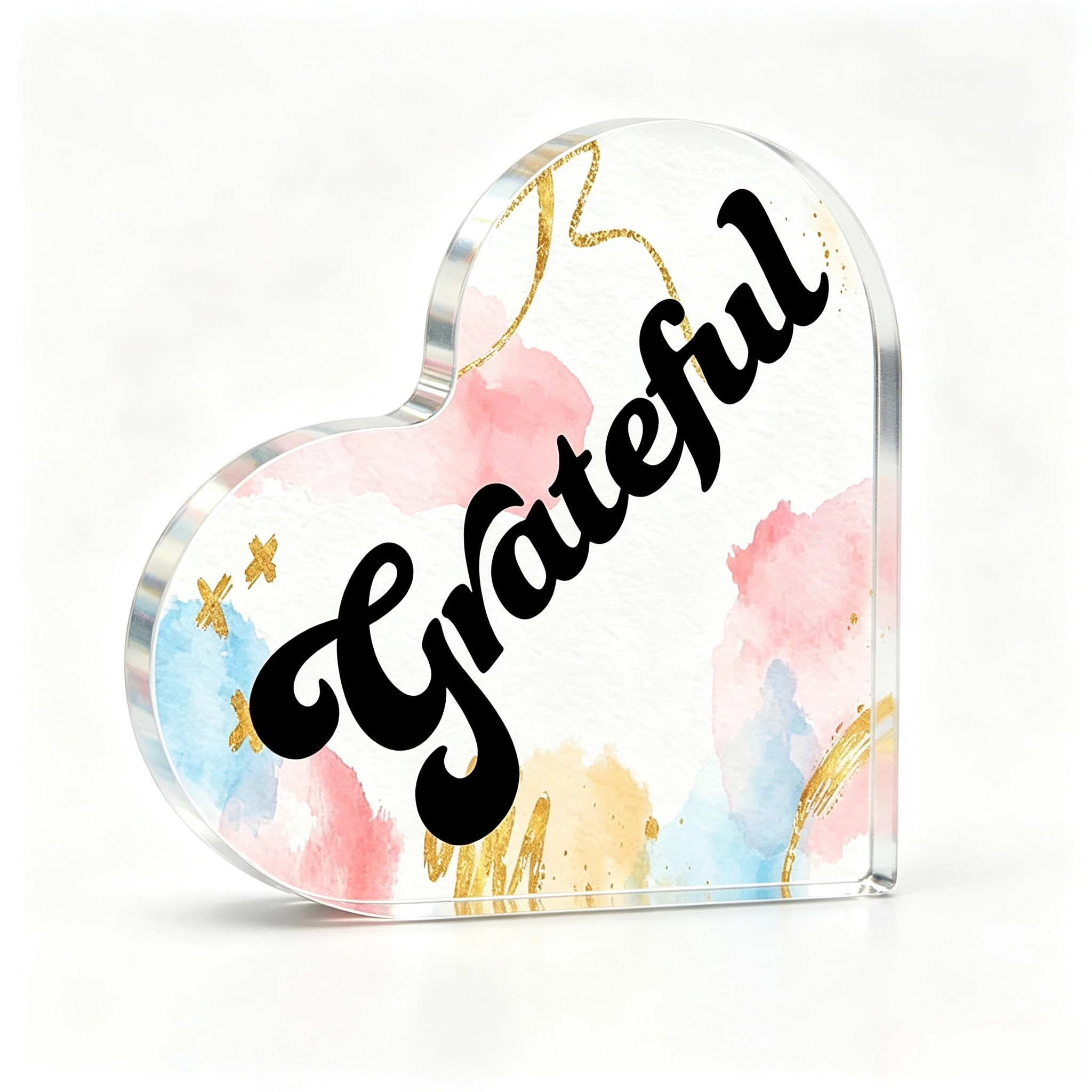 Pastel Watercolor Grateful Heart‑Shaped Acrylic Sign, Gold Brush Stroke Abstract Art Thankful Desktop Ornament