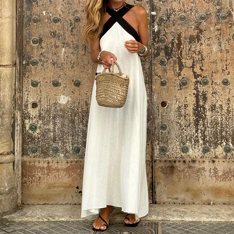 Elegant Solid Backless Long Dress Summer Women Casual Loose Beach Vacation Pleat Dress Fashion Patchwork Sleeveless Halter Dress