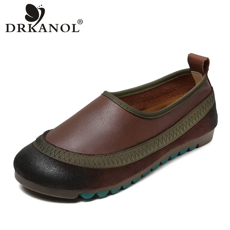 

DRKANOL Women Flat Shoes 2026 Shallow Genuine Leather Slip On Loafers Ladies Handmade Retro Mixed Colors Casual Single Shoes